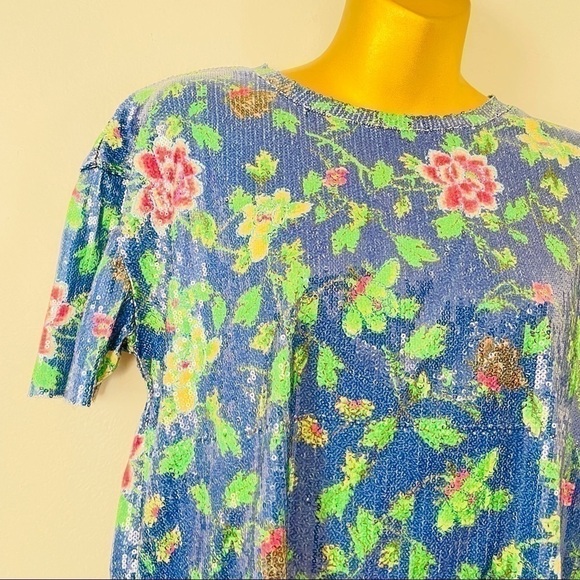 Zara Sequin Floral Top Blue Pink Sparkle Tee | Paris Street Brunch Chic - Picture 3 of 5
